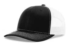 Split black and white trucker cap with mesh back and stitched curved bill