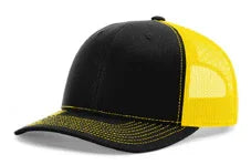 Two-tone black and yellow trucker cap with mesh back and yellow stitched brim