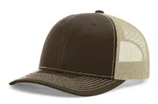 Brown front and khaki mesh back trucker hat with stitched brim