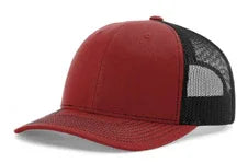 Maroon and black mesh trucker hat with curved bill isolated on white background