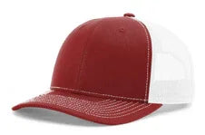 Two-tone trucker hat with maroon front and white mesh back featuring white stitching