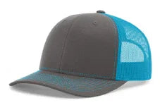 Gray and blue mesh baseball trucker cap with curved brim on white background