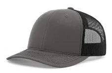 Charcoal black trucker cap with solid front panels and breathable mesh back