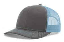 Split charcoal gray and neon blue mesh trucker cap with curved brim on white background
