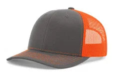 Charcoal gray and bright orange mesh back trucker cap with six-panel design