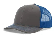Split charcoal and royal blue mesh trucker cap with curved brim