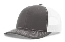 Charcoal gray and white mesh trucker cap with curved brim and contrast stitching