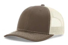 Brown and beige mesh trucker baseball cap with curved brim and contrast stitching