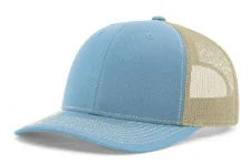 Blue and khaki mesh trucker hat with curved brim on white background