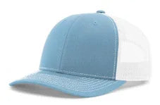 Split color trucker hat with blue front panels and white mesh back against white background