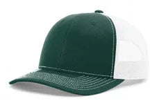 Dark green and white mesh trucker cap with curved brim and white stitching