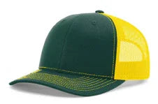 Dark green and yellow mesh snapback cap with curved brim, vibrant color contrast