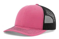 Pink front panel mesh cap with black breathable back panels in modern trucker style