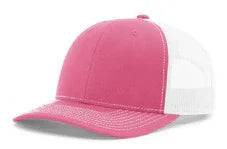 Hot pink and white trucker cap with mesh back and curved brim