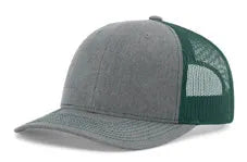 Dark green mesh back trucker hat with grey front panels and curved brim