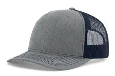 Grey front panel trucker hat with navy mesh back and curved brim on white background