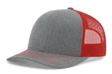 Grey front panel hat with red mesh back and red stitching on brim in studio lighting