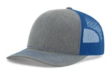 Grey front panel and blue mesh back adjustable trucker hat on white background