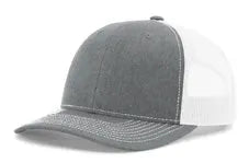 Grey and white split front mesh trucker cap with curved brim and stitching detail