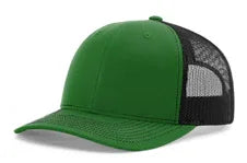 Kelly green and black mesh trucker hat with curved brim, isolated on white background