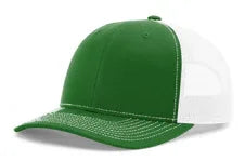 Green and white mesh trucker cap with stitched detailing on bill and crown