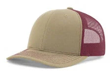 Khaki front and burgundy mesh back trucker cap with stitched bill on white background