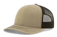 Khaki and coffee colored trucker baseball cap with mesh back panel on white background