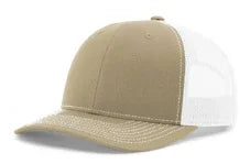 Khaki and white mesh trucker cap with curved brim and stitched detailing