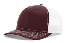 Maroon and white mesh trucker cap with stitched visor on white background