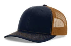 Navy blue front trucker cap with caramel brown mesh back and curved brim