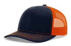 Navy blue and bright orange trucker hat with mesh back and patterned brim