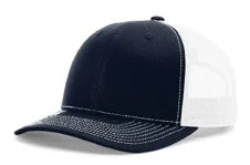 Split navy and white mesh trucker cap with curved visor and detailed stitching