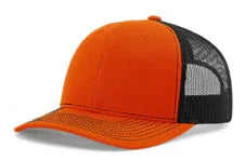 Orange and black mesh trucker cap with curved brim and breathable back panels