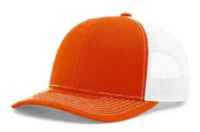 Orange and white mesh trucker hat with curved brim and stitched design