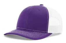 Purple and white mesh trucker hat with curved brim and contrasting stitching