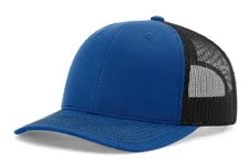 Royal blue front panel trucker cap with black mesh back and curved brim