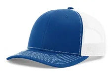 Royal blue and white mesh trucker cap with curved brim and adjustable back