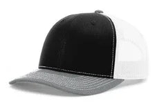Tri-color trucker hat with black front, white mesh back, and heather grey curved brim
