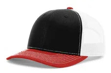 Tri-color baseball cap with black front, white mesh back, and red curved brim