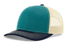 Tri-color trucker cap with teal front, navy brim, beige mesh back, and black stiching