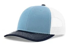 Tri-color baseball cap with blue front, white mesh back, and navy curved brim