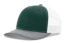 Tri-color snapback cap with dark green front, white mesh back, and grey textured brim