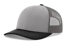 Tri-color snapback trucker hat with grey front, charcoal mesh back, and black curved brim