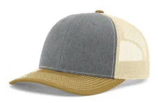 Heather grey and amber gold trucker cap with mesh back and curved brim on white background