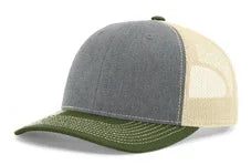 Tri-color cap with heather grey front, olive green brim, and beige mesh back