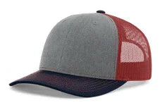 Tri-color trucker hat with heather grey front, cardinal red mesh back, and navy blue brim