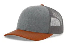 Heather grey and dark orange trucker cap with mesh back and structured front panel