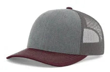 Tri-color trucker hat with heather grey front, maroon brim, and charcoal mesh back