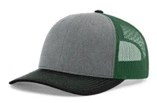 Tri-color trucker hat with heather grey front, dark green mesh back, and black visor