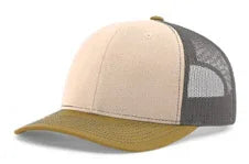 Trucker cap with beige front, olive green brim, and charcoal gray mesh back on white background